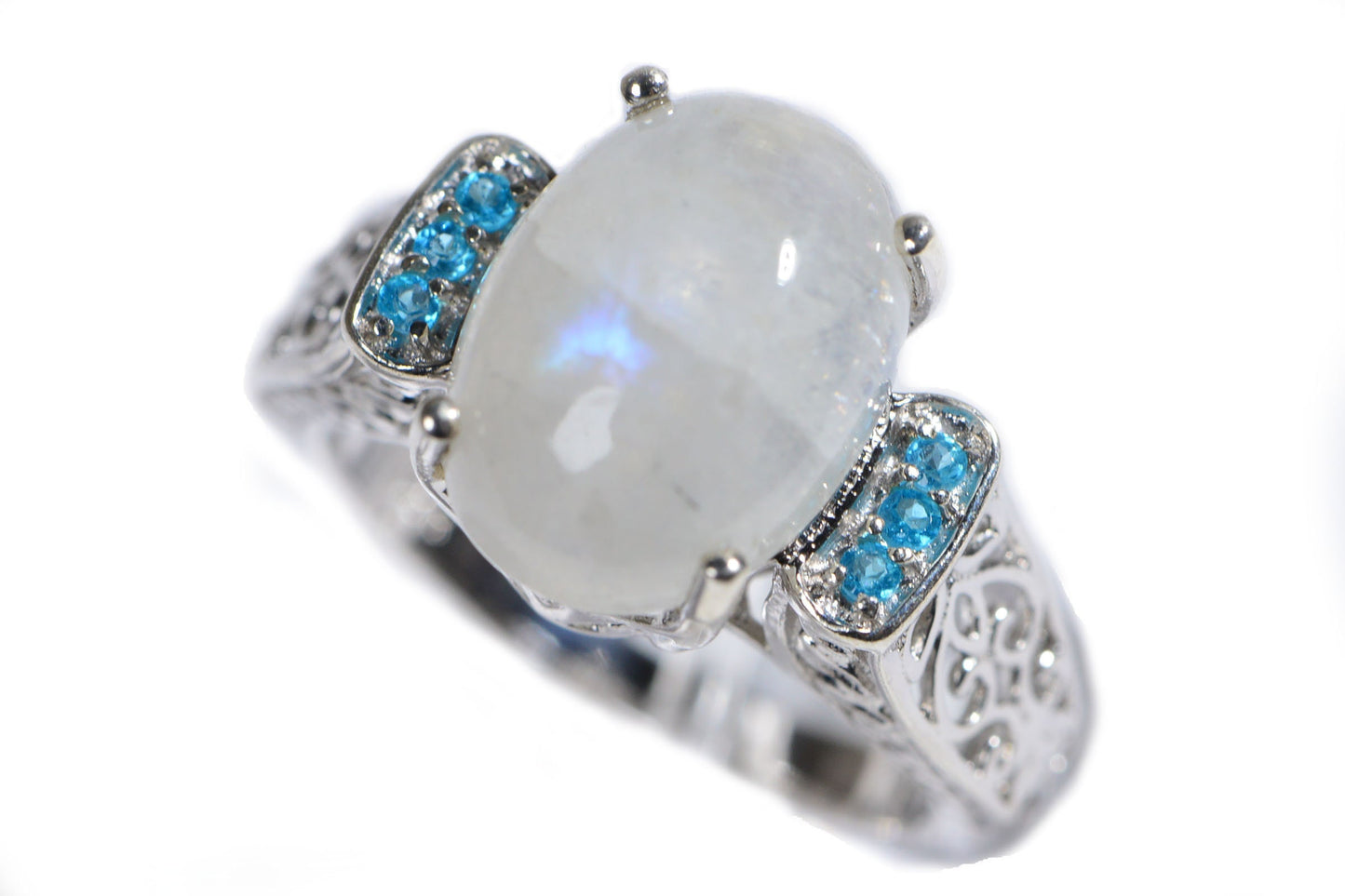 Natural Moonstone Apatite Ring  Rhodium Over Sterling Silver Fancy Style Large Stone Ring