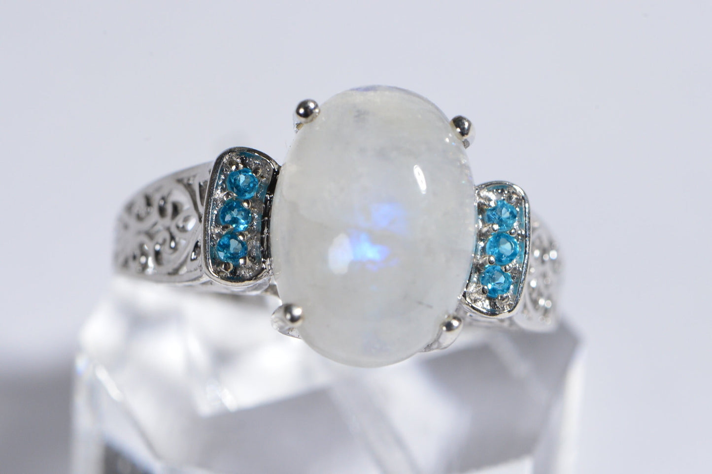 Natural Moonstone Apatite Ring  Rhodium Over Sterling Silver Fancy Style Large Stone Ring