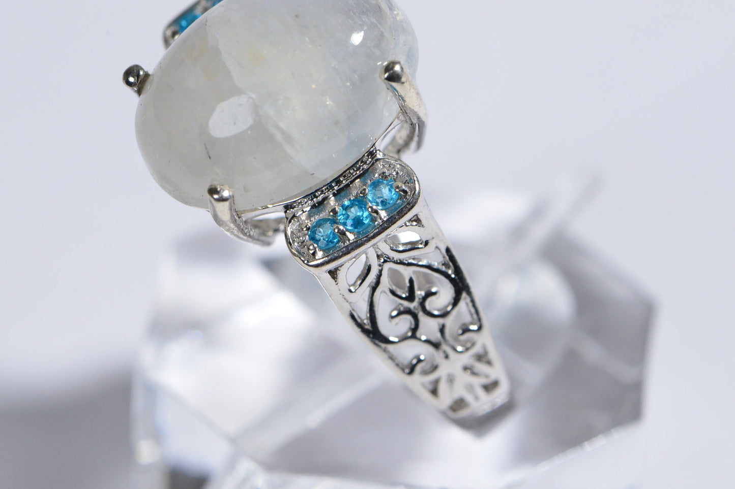 Natural Moonstone Apatite Ring  Rhodium Over Sterling Silver Fancy Style Large Stone Ring