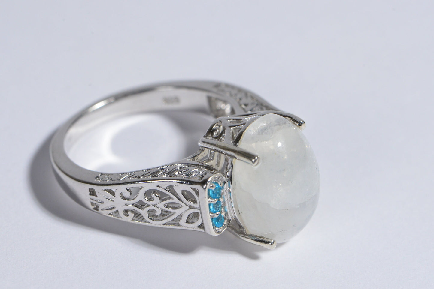 Natural Moonstone Apatite Ring  Rhodium Over Sterling Silver Fancy Style Large Stone Ring