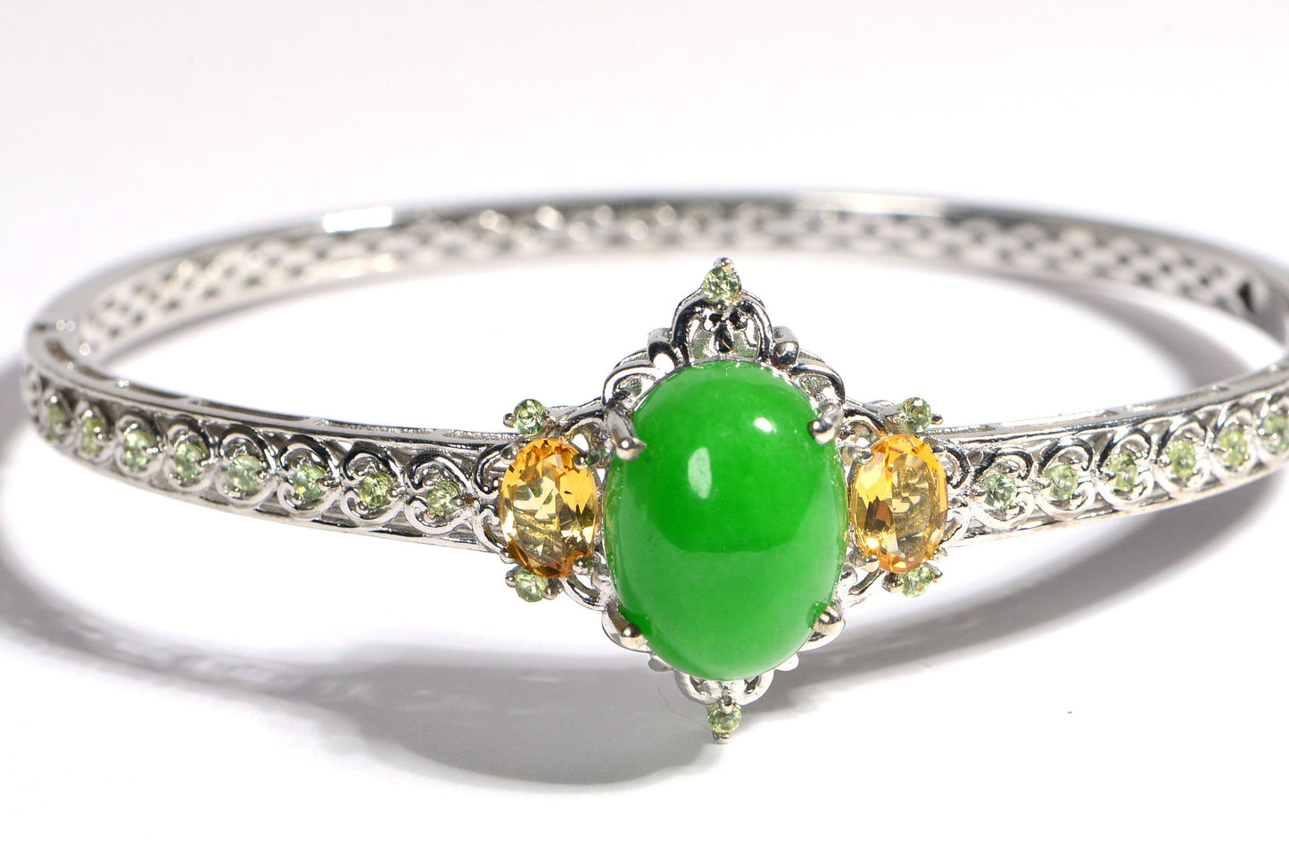 Burmese Green Jade Bracelet, Citrine Peridot Sterling Silver Toggle Clasp