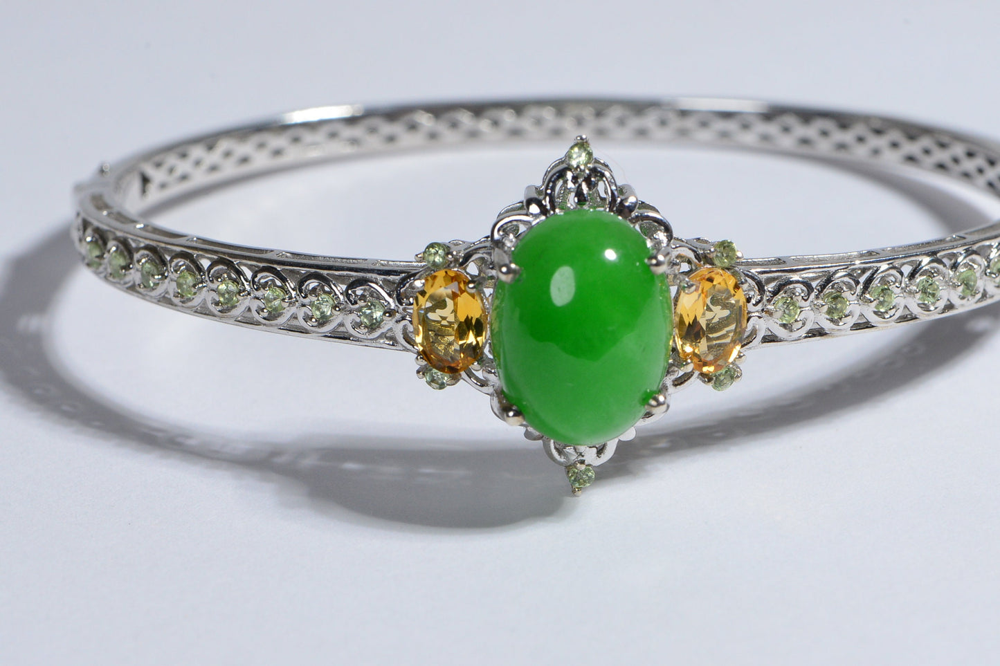 Burmese Green Jade Bracelet, Citrine Peridot Sterling Silver Toggle Clasp