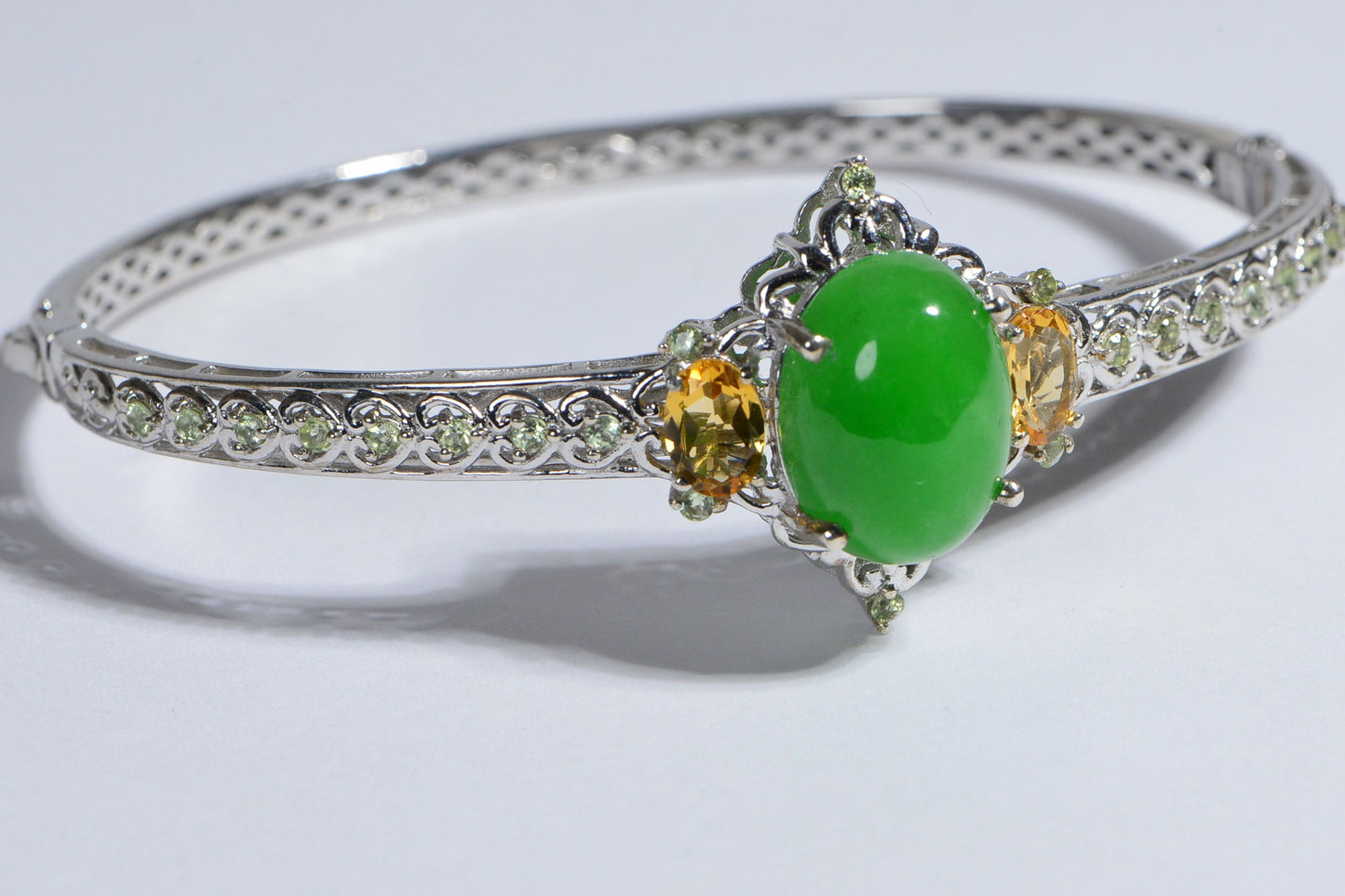Burmese Green Jade Bracelet, Citrine Peridot Sterling Silver Toggle Clasp