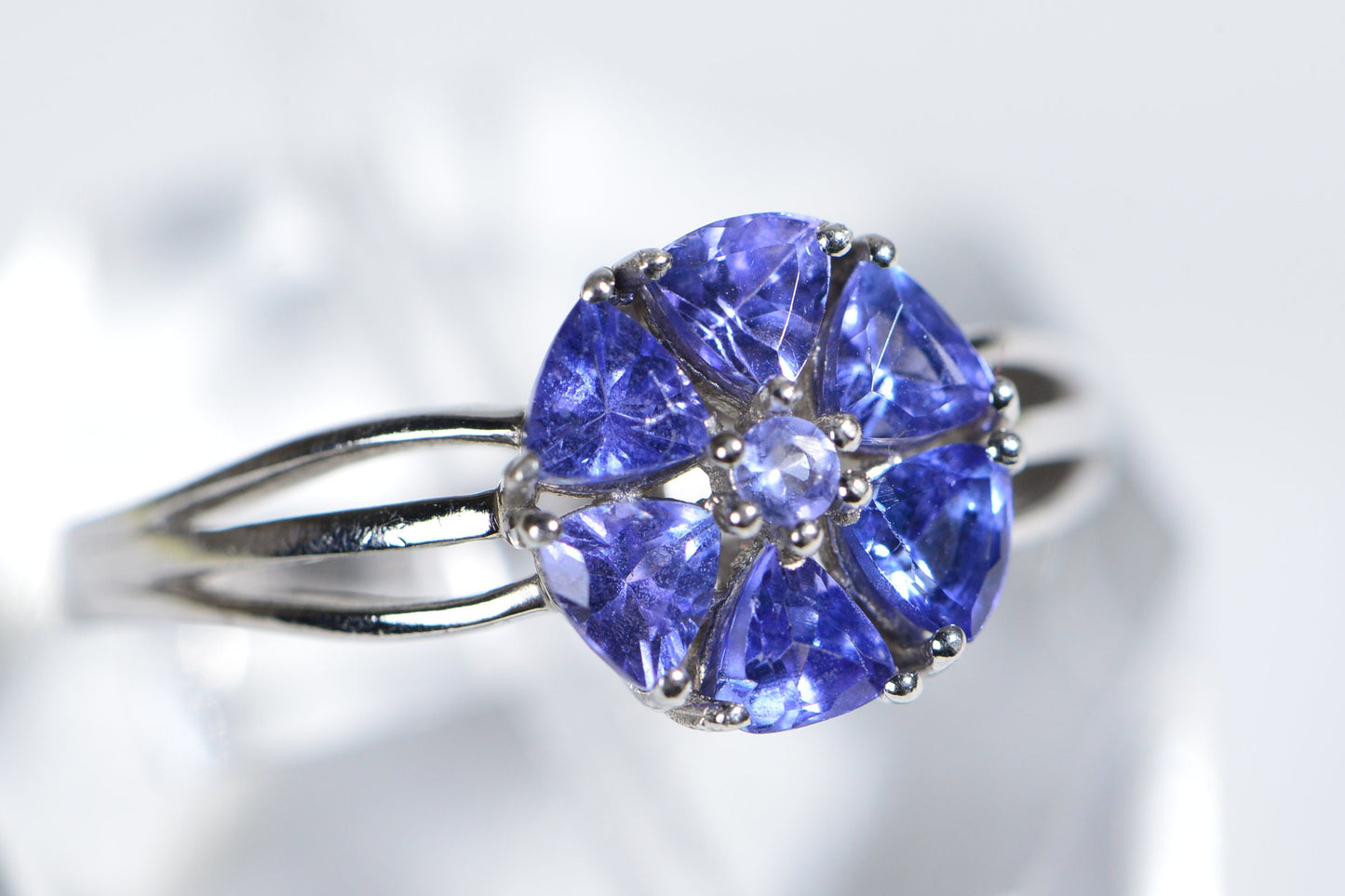 Vintage Trillion Cut Tanzanite Flower Ring, Sterling Silver Floral Cluster