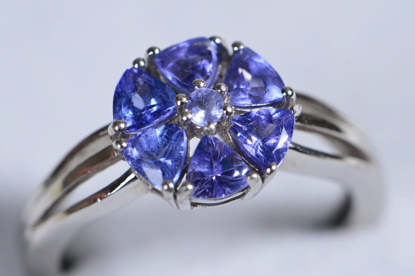 Vintage Trillion Cut Tanzanite Flower Ring, Sterling Silver Floral Cluster