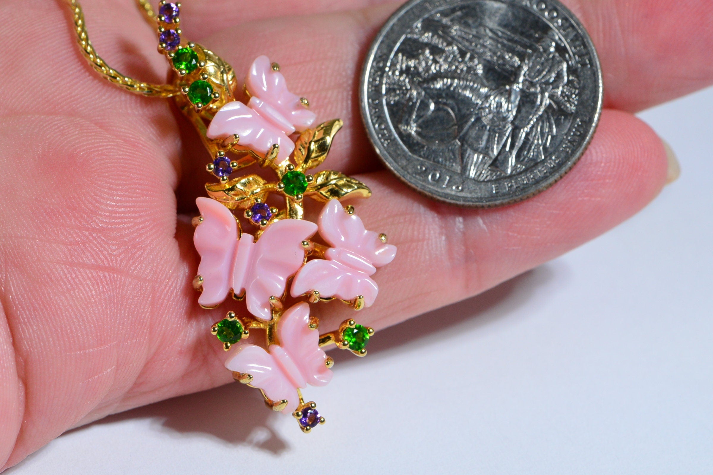 Queen Conch Shell Butterfly Pendant: Gold Over Sterling Silver, Chrome Diopside & Amethyst
