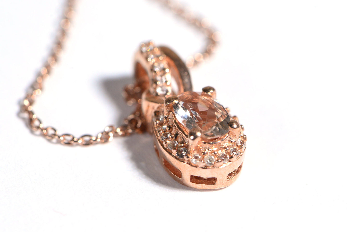 Pink Morganite Oval Halo Necklace, Vermeil Rose Gold Sterling Silver, 20 Inch