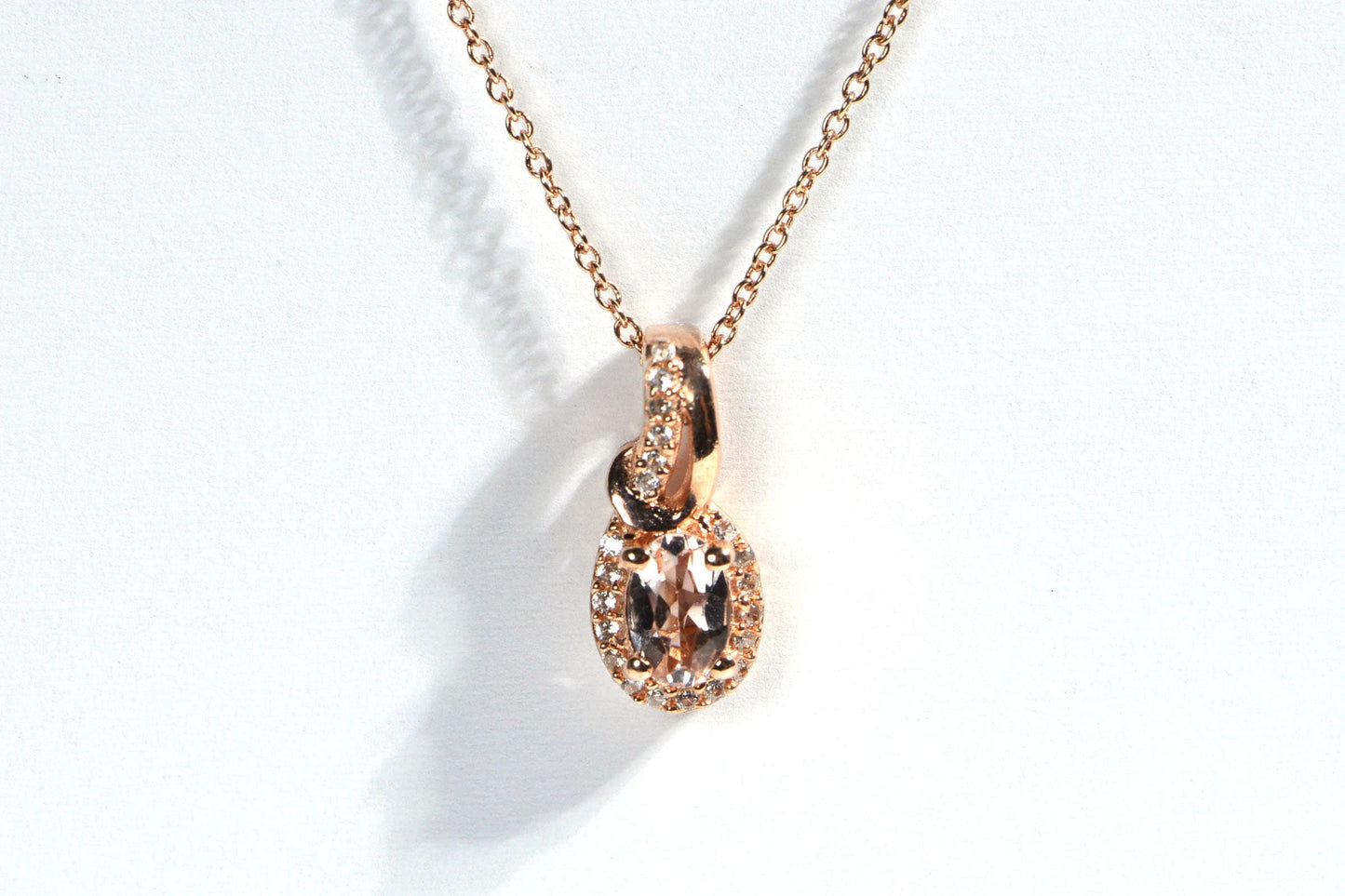 Pink Morganite Oval Halo Necklace, Vermeil Rose Gold Sterling Silver, 20 Inch