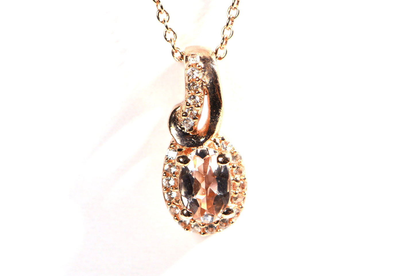 Pink Morganite Oval Halo Necklace, Vermeil Rose Gold Sterling Silver, 20 Inch