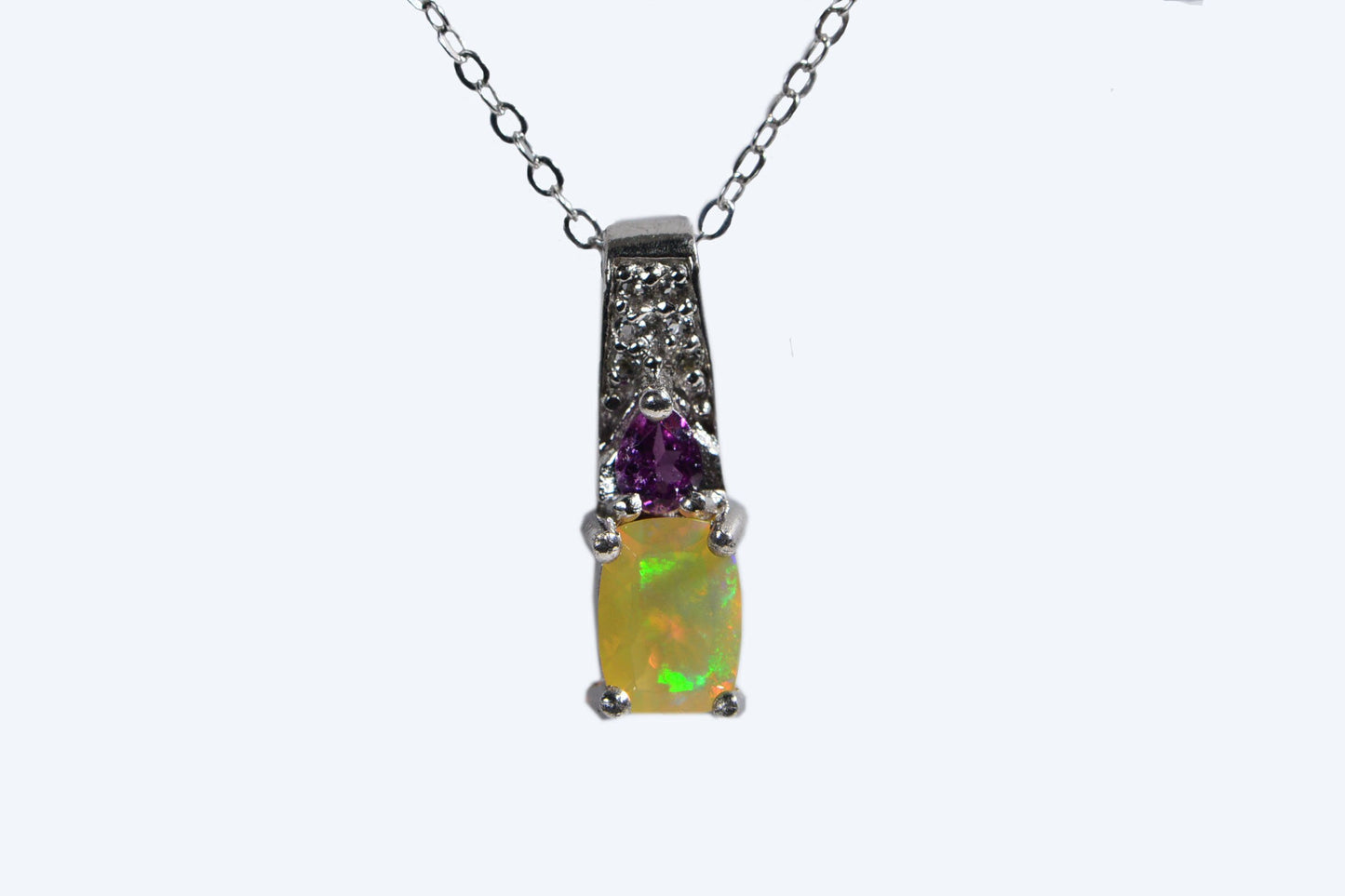 Ethiopian Opal Pendant: Sterling Silver, Garnet & Lab Diamond Accent