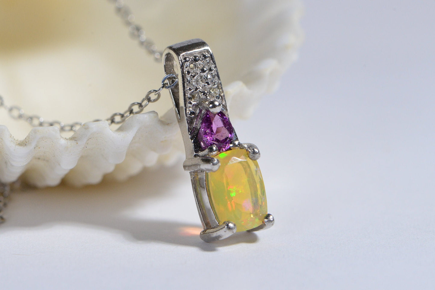 Ethiopian Opal Pendant: Sterling Silver, Garnet & Lab Diamond Accent