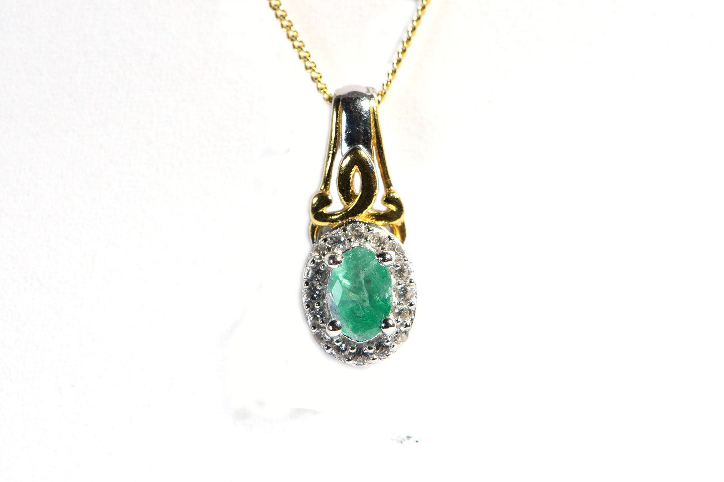 Colombian Emerald Halo Pendant, White Zircon, 14k Gold Over Sterling Silver