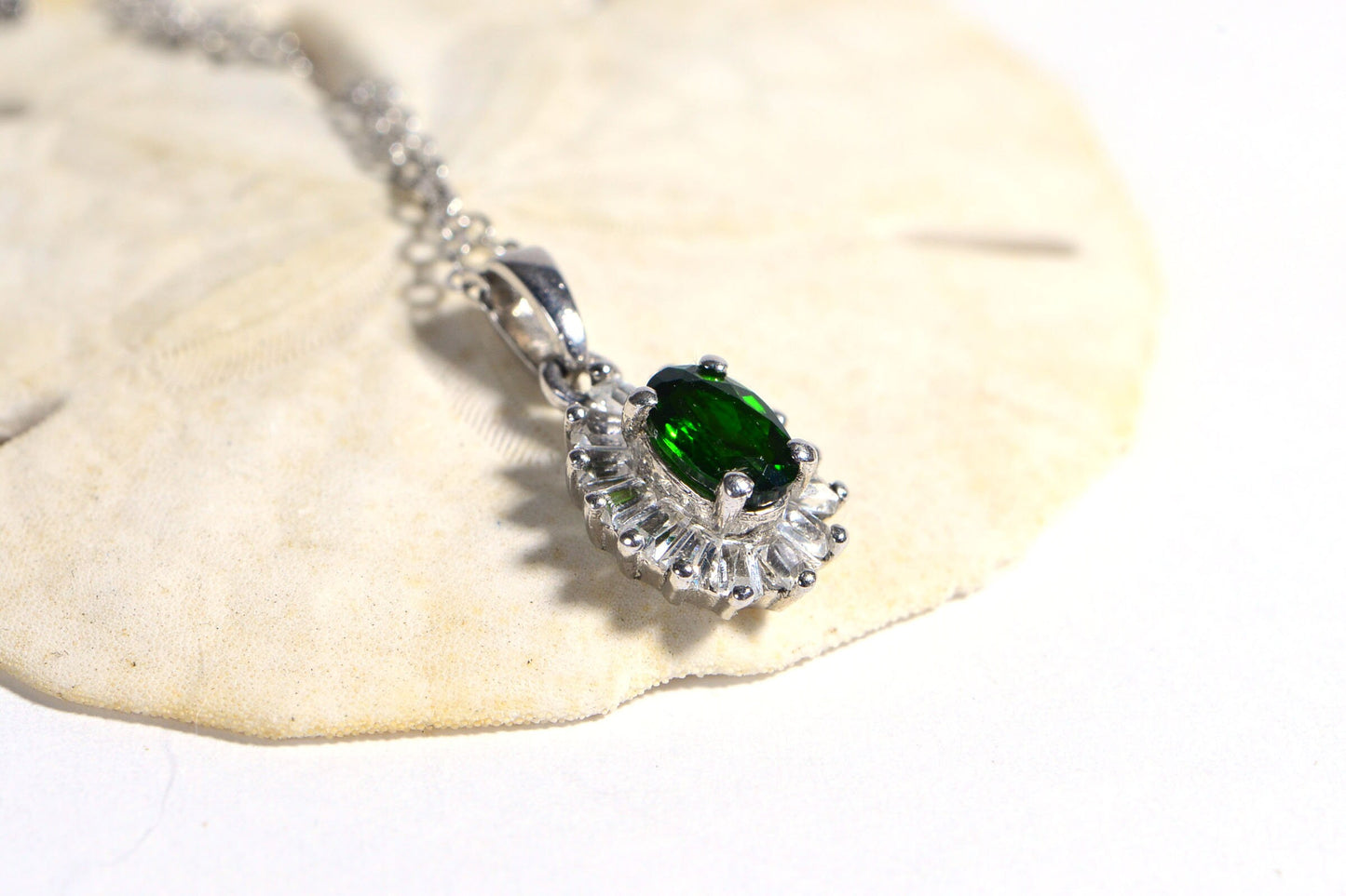Chrome Diopside Sterling Silver Pendant Necklace, Baguette CZ Halo