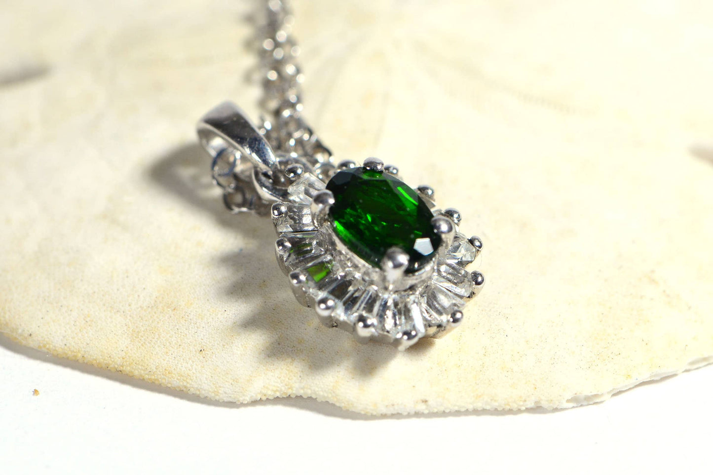 Chrome Diopside Sterling Silver Pendant Necklace, Baguette CZ Halo