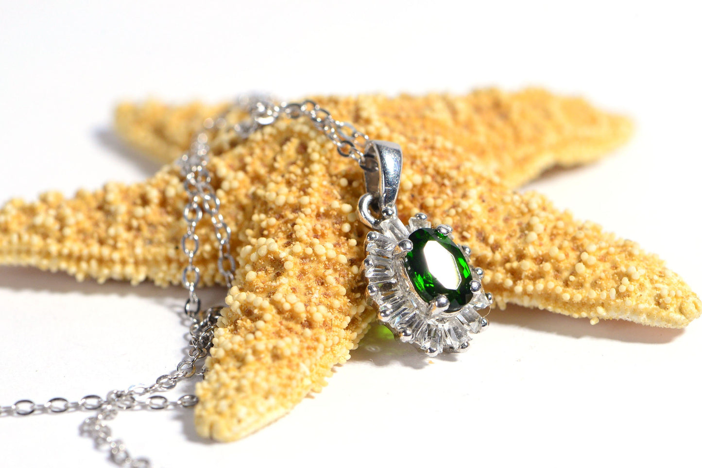 Chrome Diopside Sterling Silver Pendant Necklace, Baguette CZ Halo