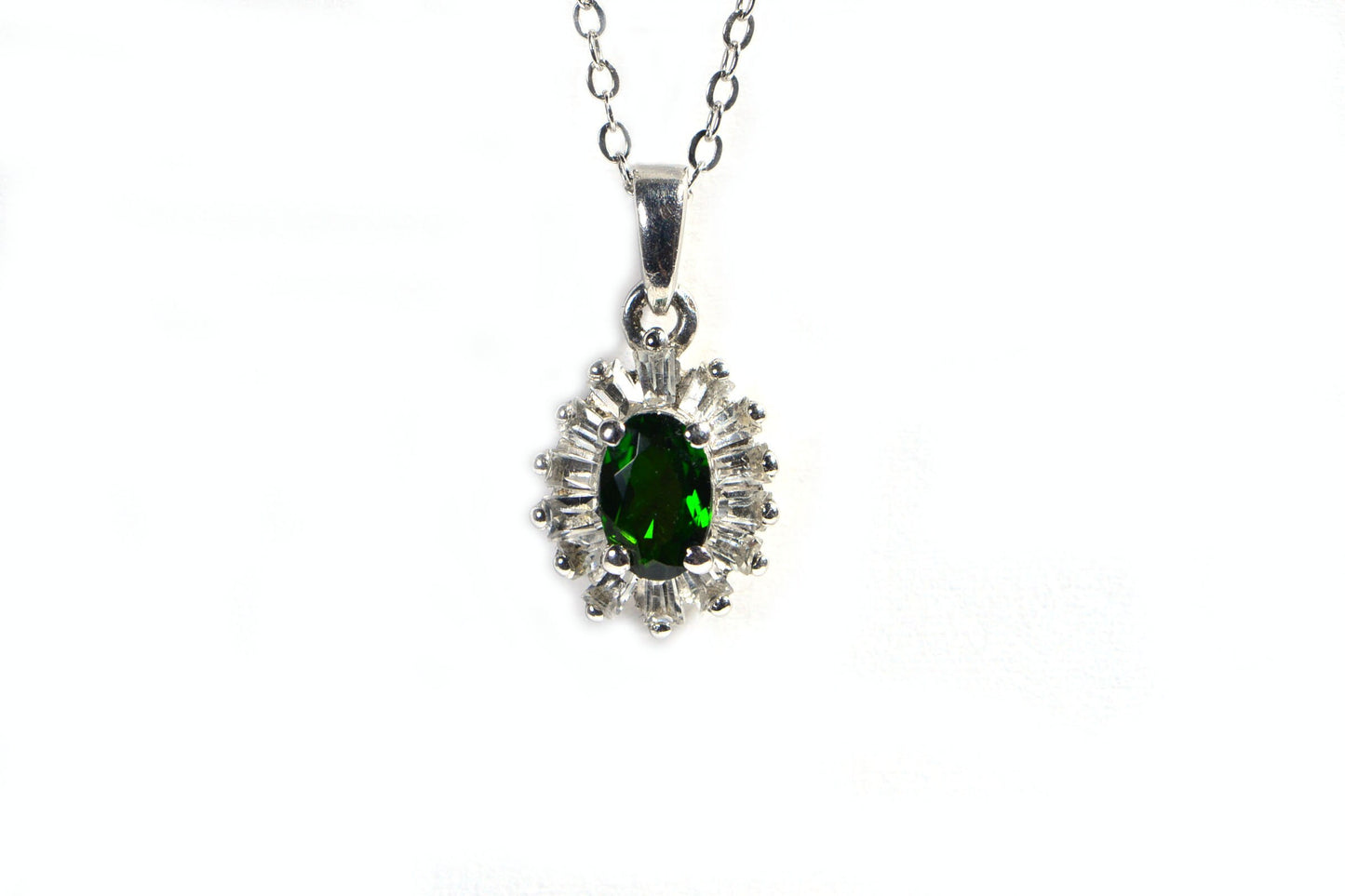 Chrome Diopside Sterling Silver Pendant Necklace, Baguette CZ Halo