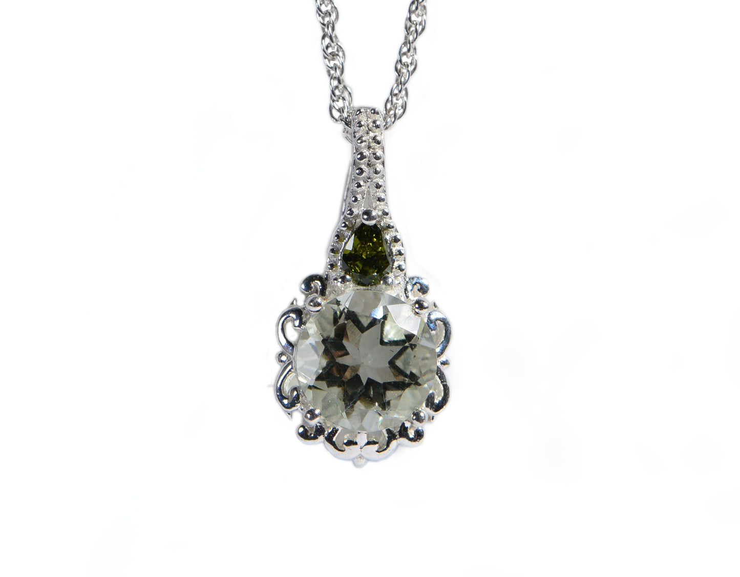 Green Amethyst Moldavite Sterling Silver Pendant Necklace, Round Stone