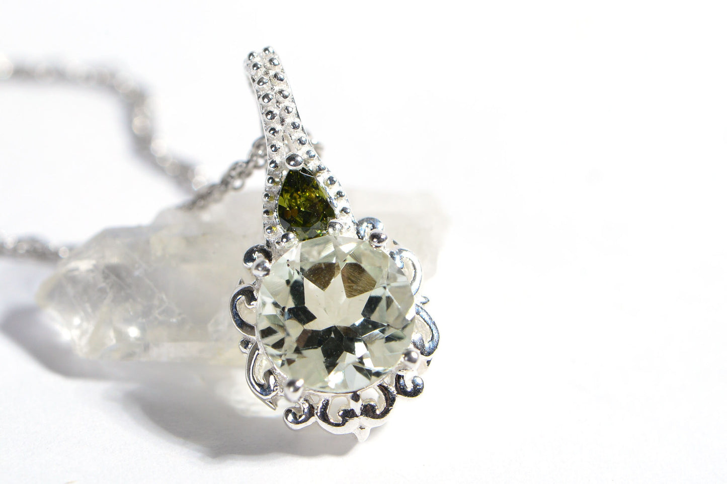 Green Amethyst Moldavite Sterling Silver Pendant Necklace, Round Stone
