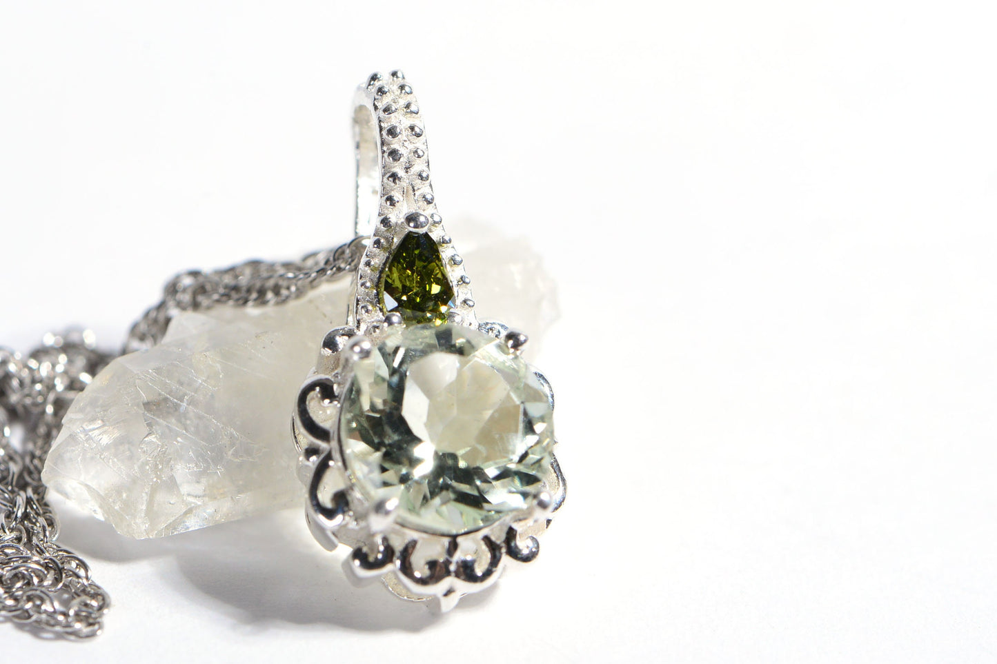 Green Amethyst Moldavite Sterling Silver Pendant Necklace, Round Stone