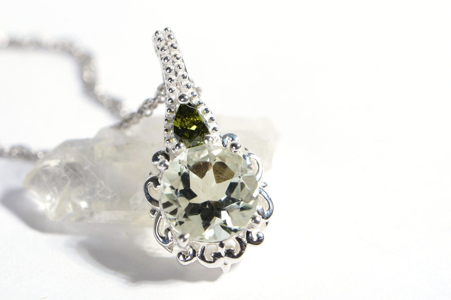 Green Amethyst Moldavite Sterling Silver Pendant Necklace, Round Stone