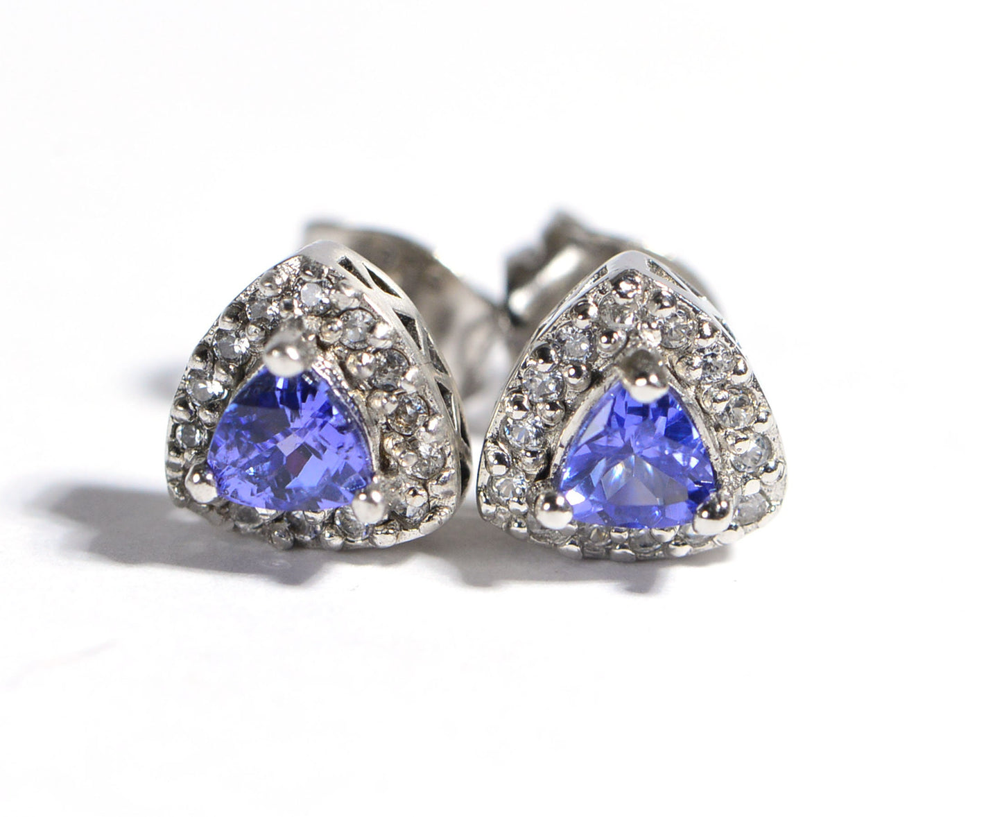 Trillion Tanzanite Diamond Halo Stud Earrings, Sterling Silver