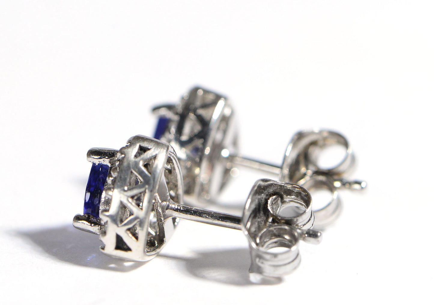 Trillion Tanzanite Diamond Halo Stud Earrings, Sterling Silver