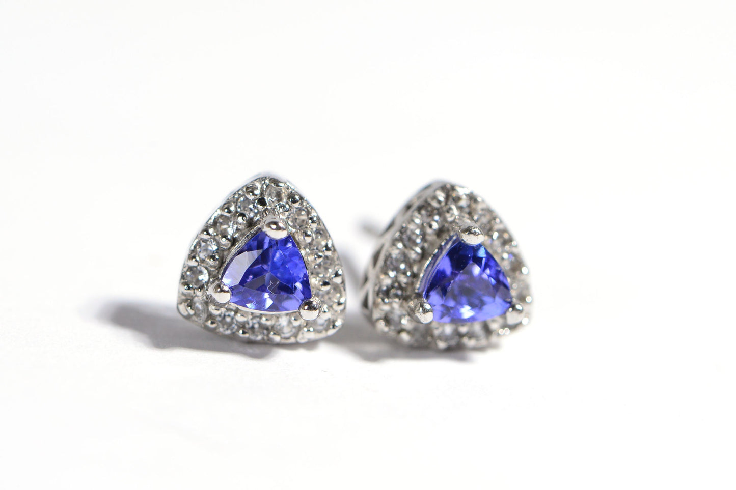 Trillion Tanzanite Diamond Halo Stud Earrings, Sterling Silver