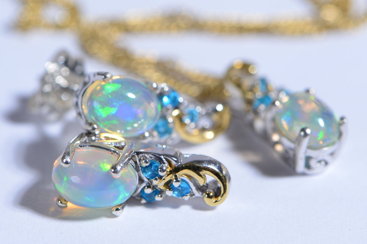 Ethiopian Opal Apatite Sterling Silver Earrings Pendant Set