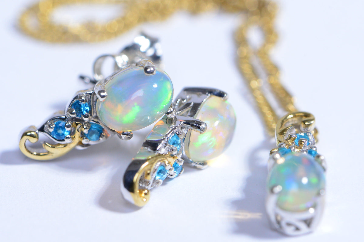 Ethiopian Opal Apatite Sterling Silver Earrings Pendant Set