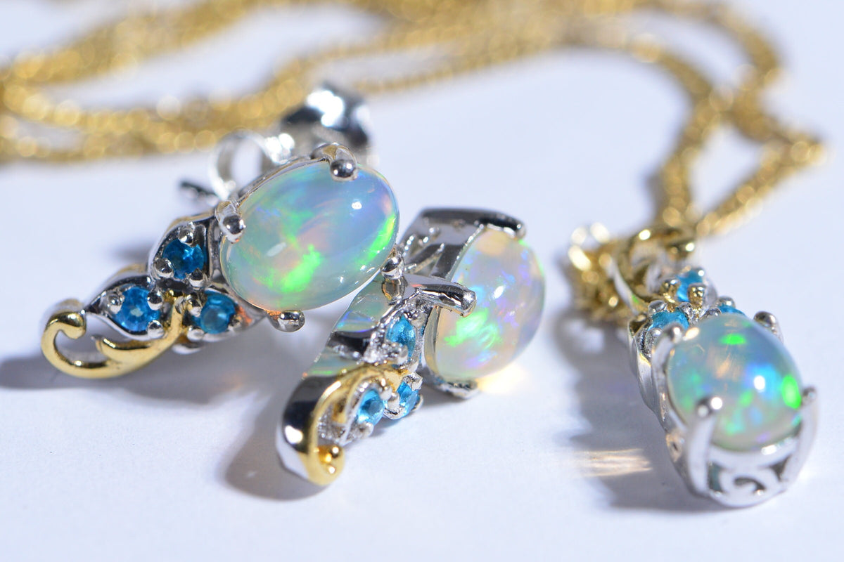 Ethiopian Opal Apatite Sterling Silver Earrings Pendant Set