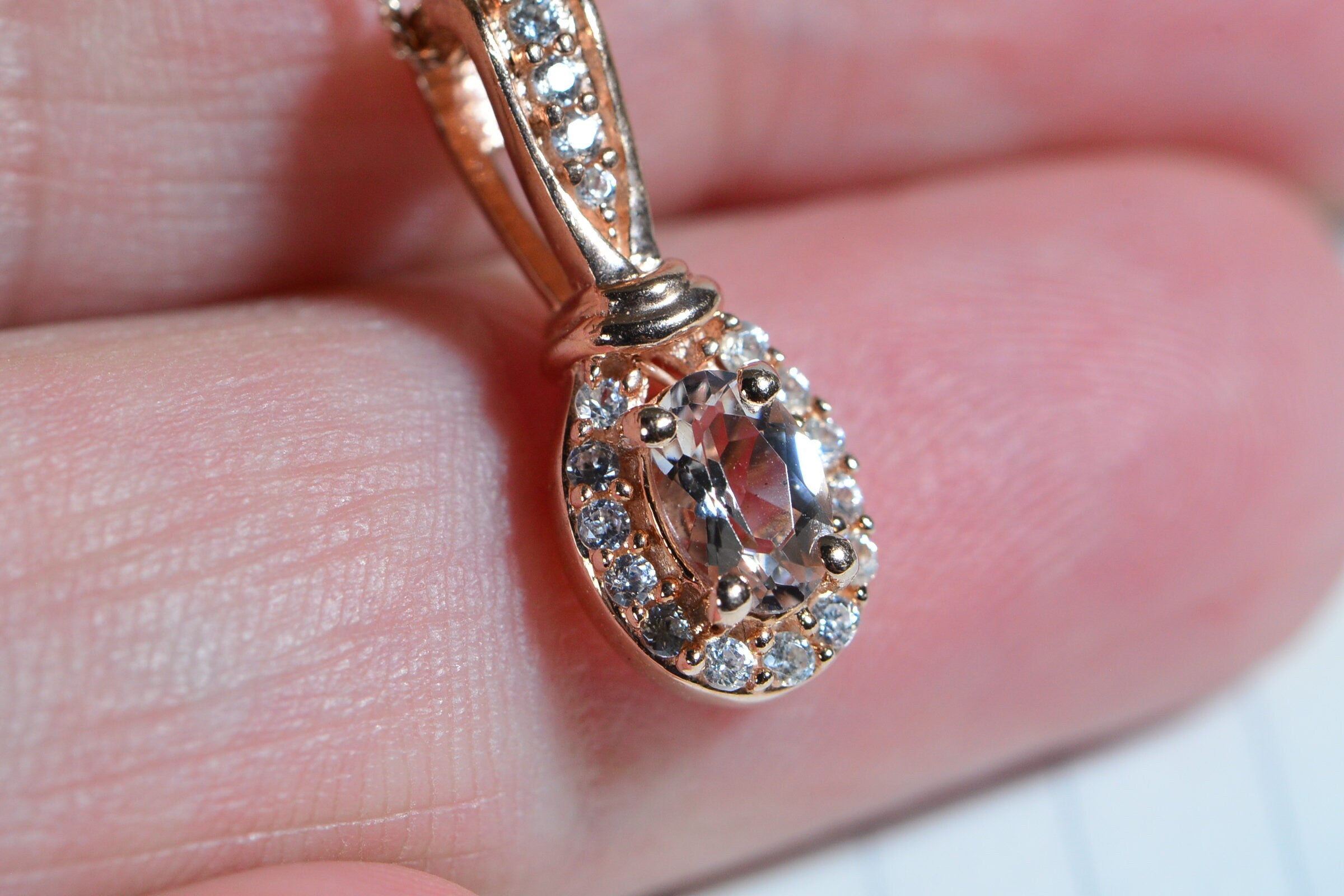 Vintage Morganite Halo Necklace: Rose Gold Sterling Silver Pendant