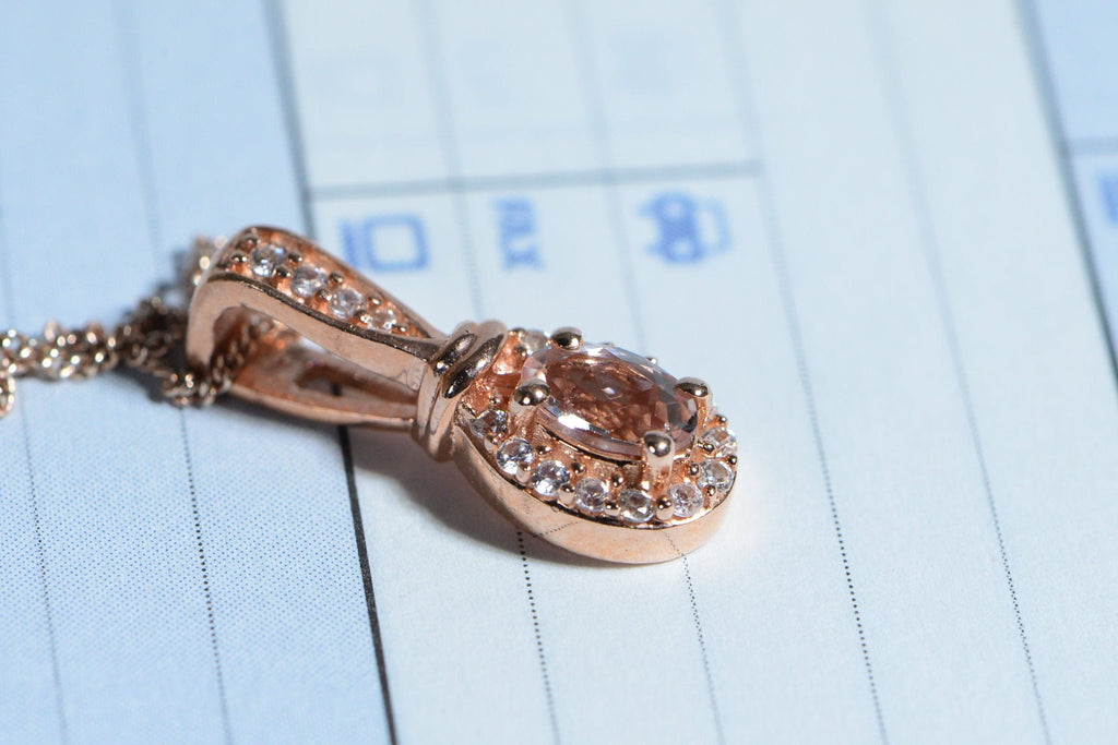 Vintage Morganite Halo Necklace: Rose Gold Sterling Silver Pendant