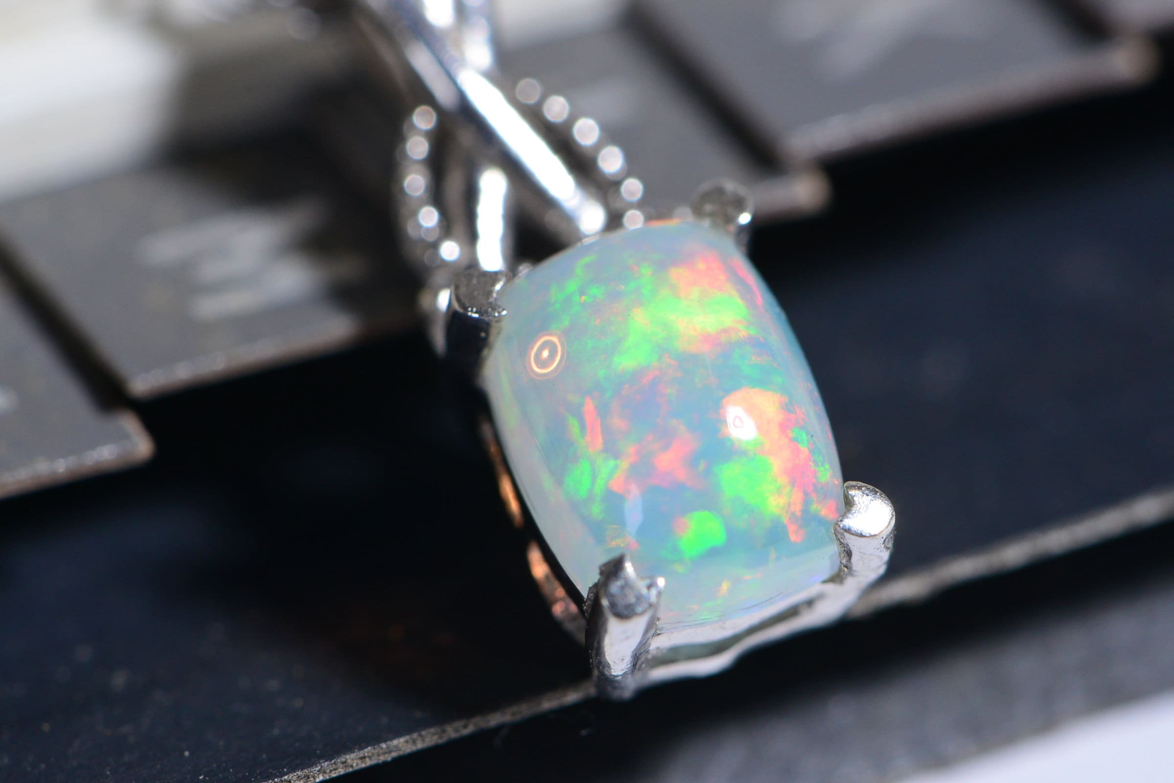 Australian White Opal Solid  Emerald Cut Pendant Sterling Silver Necklace  Birthstone October