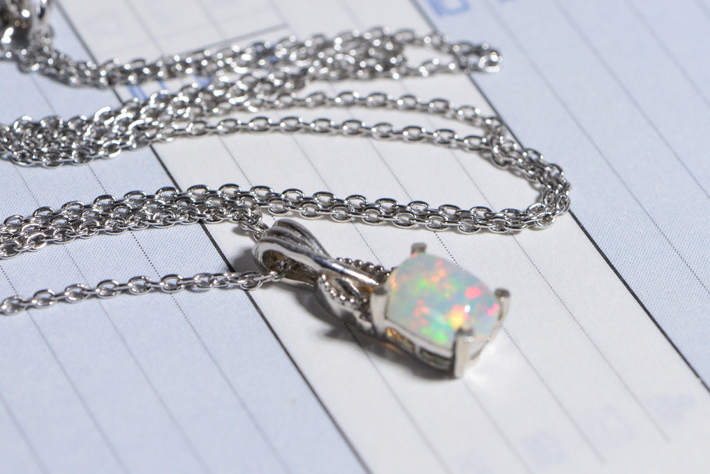 Australian White Opal Solid  Emerald Cut Pendant Sterling Silver Necklace  Birthstone October