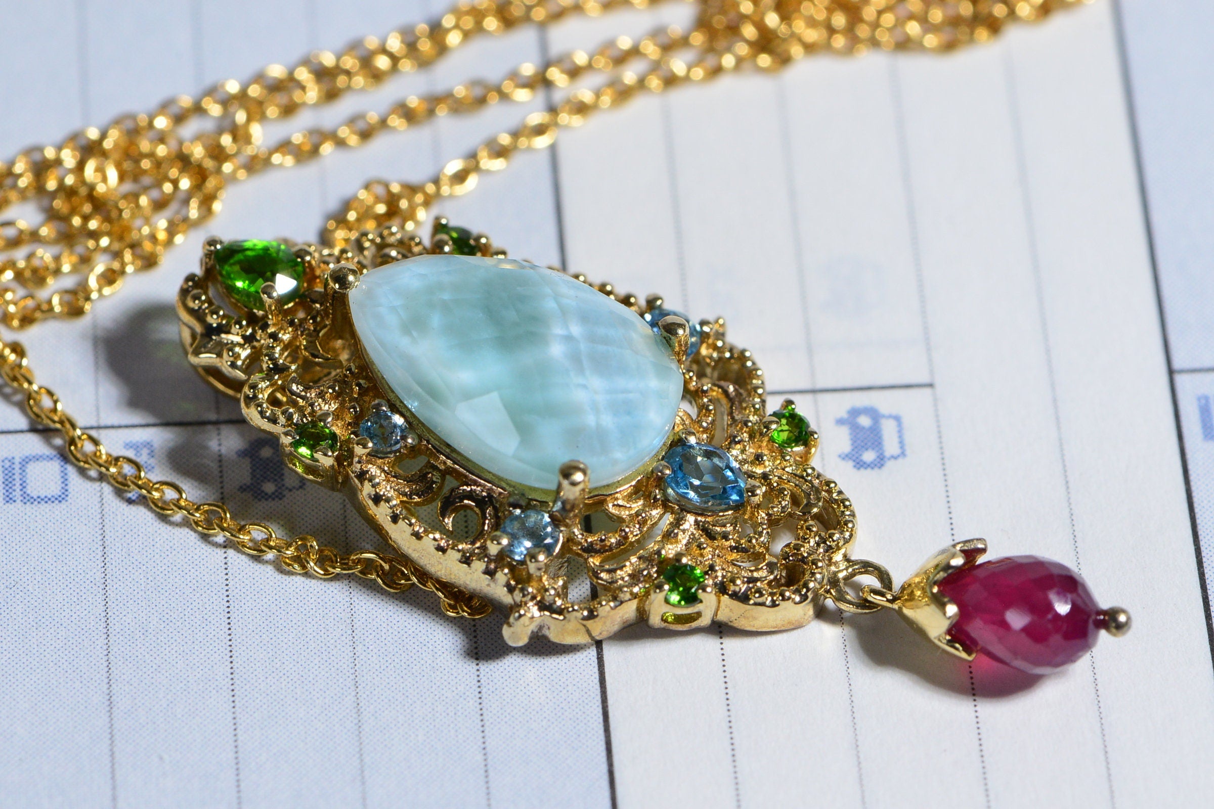Larimar Multi Stone Pendant 14K Yellow Gold Vermeil Pendant Necklace Teardrop Gift For Girlfriend Vintage Pendant