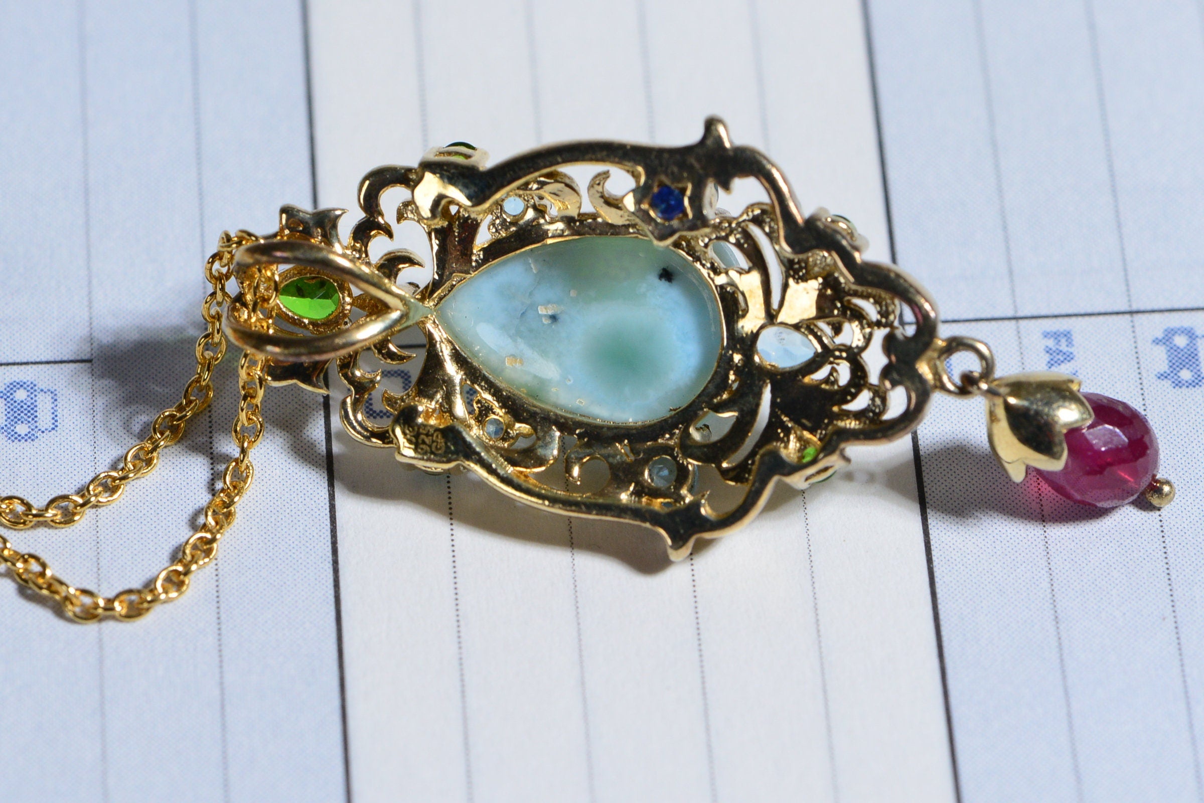 Larimar Multi Stone Pendant 14K Yellow Gold Vermeil Pendant Necklace Teardrop Gift For Girlfriend Vintage Pendant