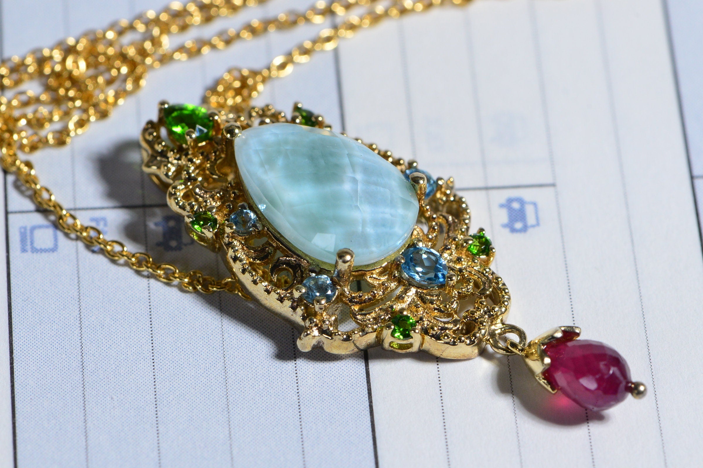 Larimar Multi Stone Pendant 14K Yellow Gold Vermeil Pendant Necklace Teardrop Gift For Girlfriend Vintage Pendant