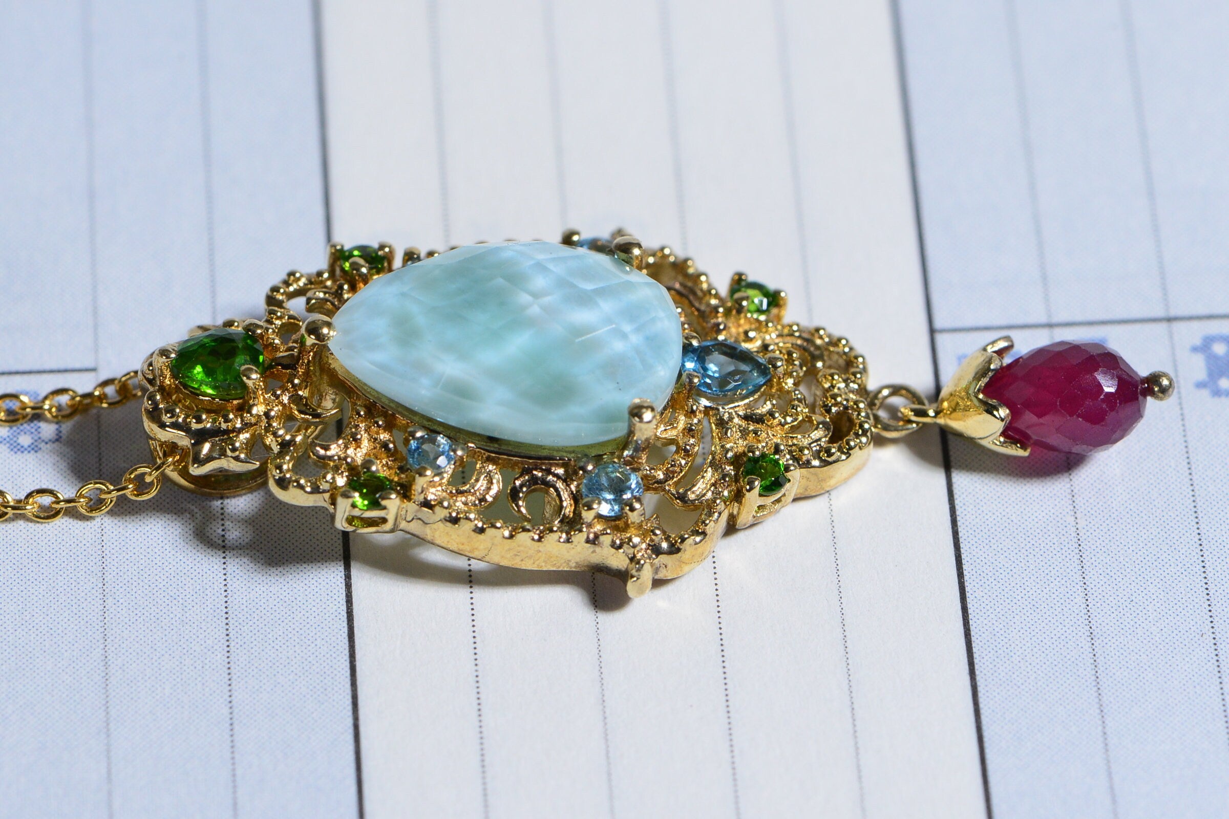 Larimar Multi Stone Pendant 14K Yellow Gold Vermeil Pendant Necklace Teardrop Gift For Girlfriend Vintage Pendant