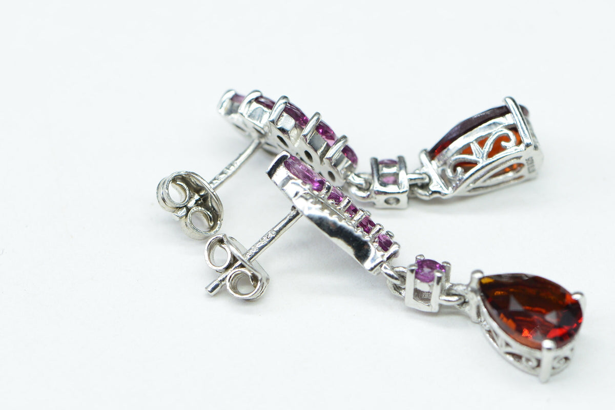 Garnet and Rhodolite Garnet Drop Earrings: Sterling Silver Filigree