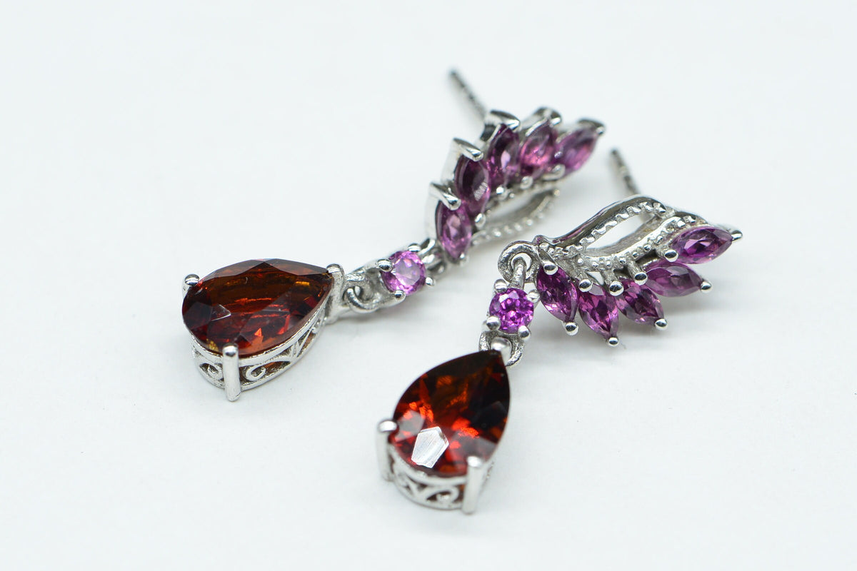 Garnet and Rhodolite Garnet Drop Earrings: Sterling Silver Filigree