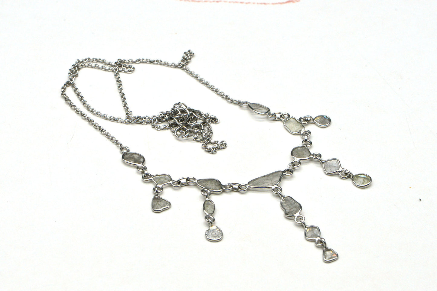 Genuine Polki  Diamond  Bezel Set Slice Diamond Handmade Chain Necklace Sterling Silver Women Gift