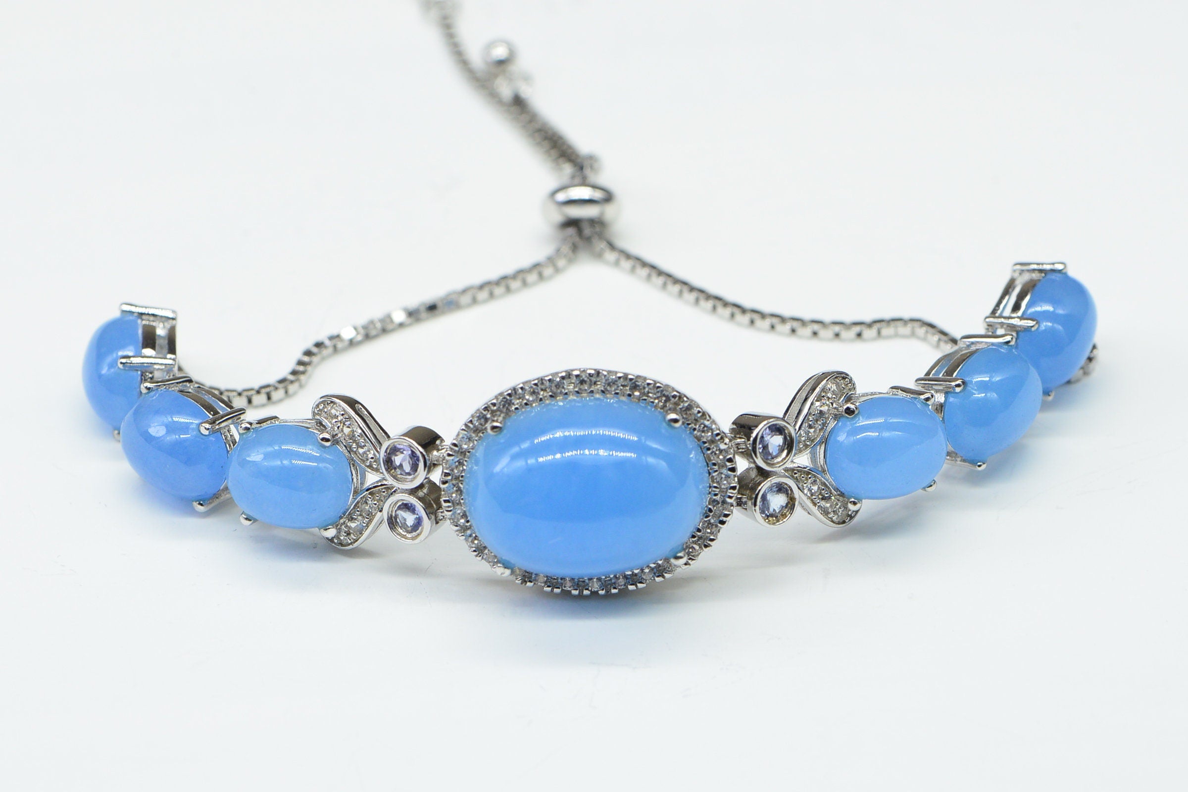 Blue Jade Bolo Bracelet: Sterling Silver, Zircon & Tanzanite