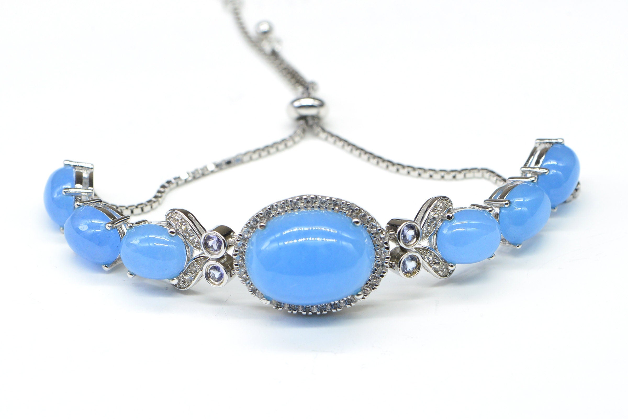 Blue Jade Bolo Bracelet: Sterling Silver, Zircon & Tanzanite
