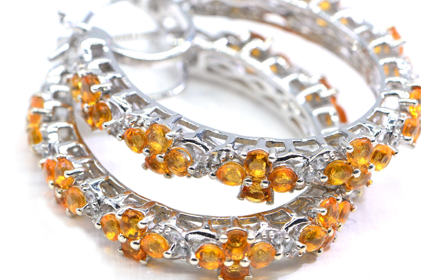 Mexican Fire Opal Rhodium Sterling Silver Orange Opal Flower Hoops Earrings