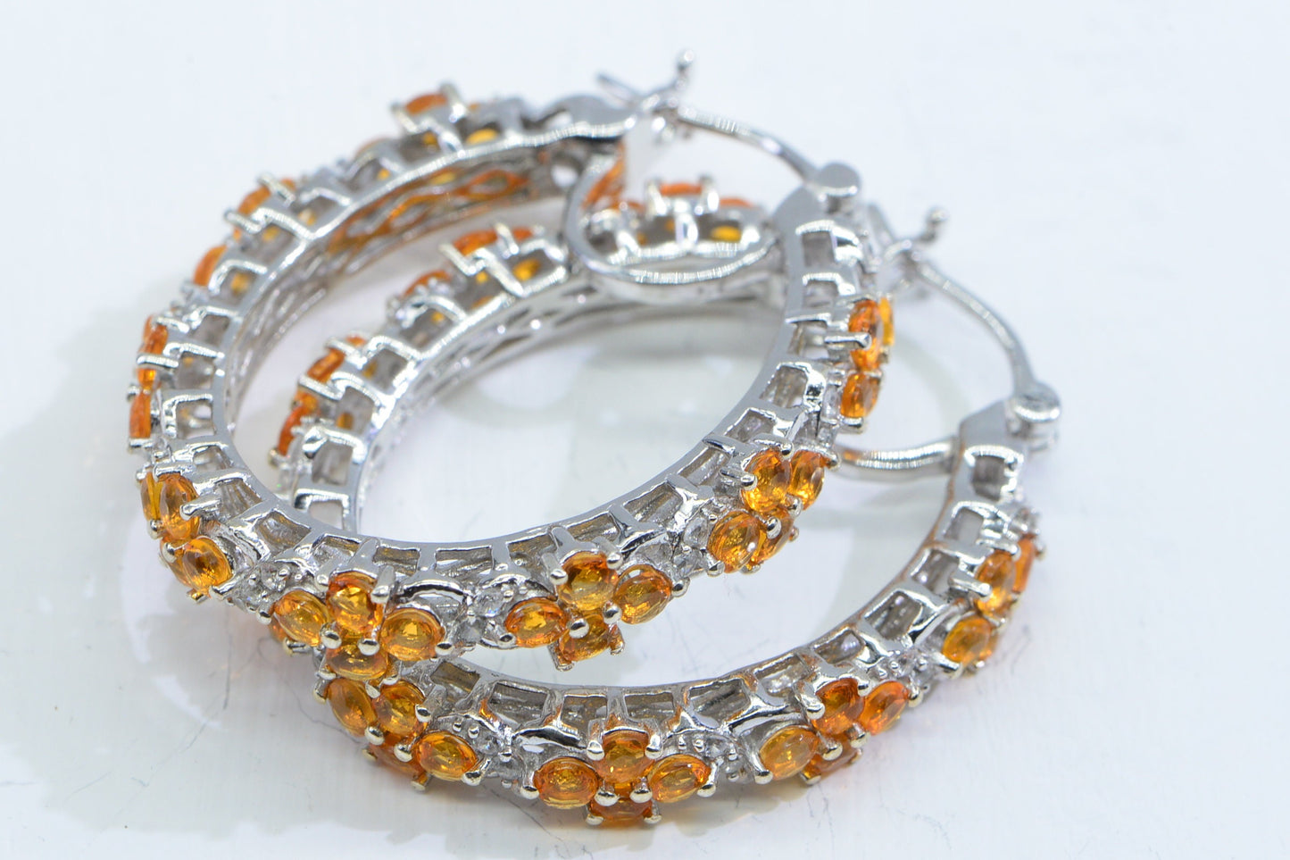 Mexican Fire Opal Rhodium Sterling Silver Orange Opal Flower Hoops Earrings