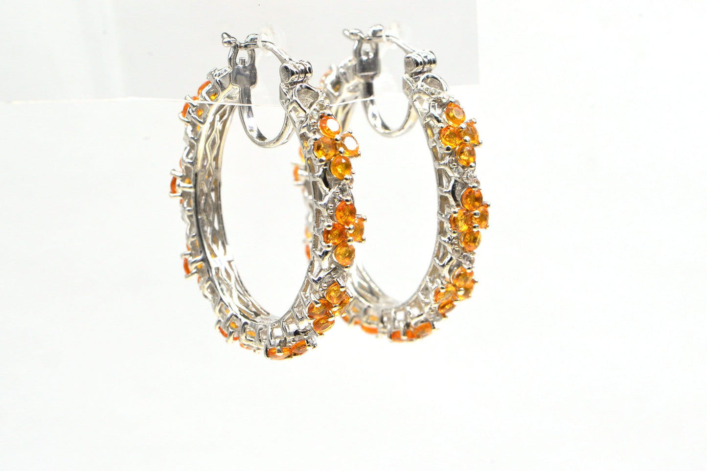 Mexican Fire Opal Rhodium Sterling Silver Orange Opal Flower Hoops Earrings
