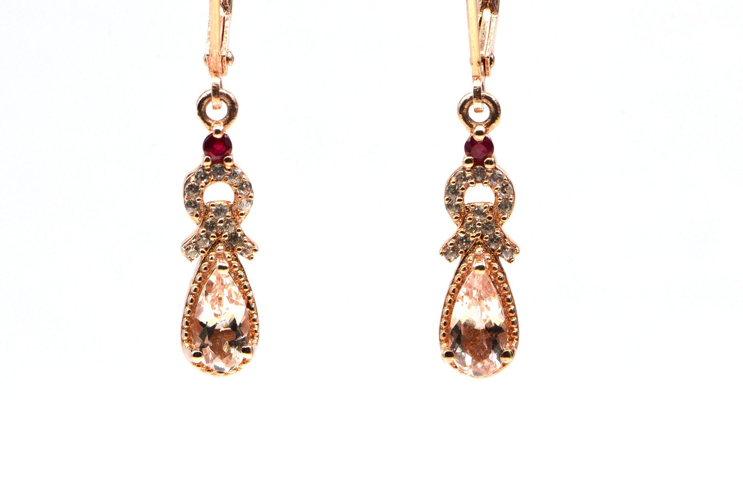Morganite Teardrop Earrings, Hot Pink Tourmaline, Rose Gold Vermeil