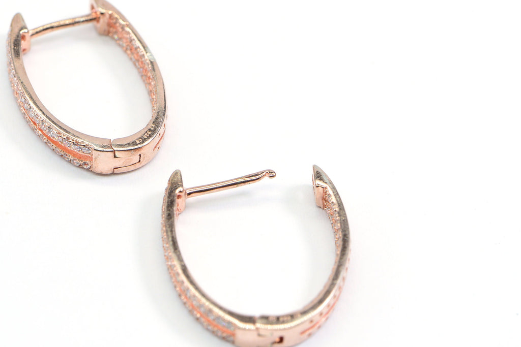 Rose Gold Zircon Hoop Earrings: Sterling Silver Hinged Hoops