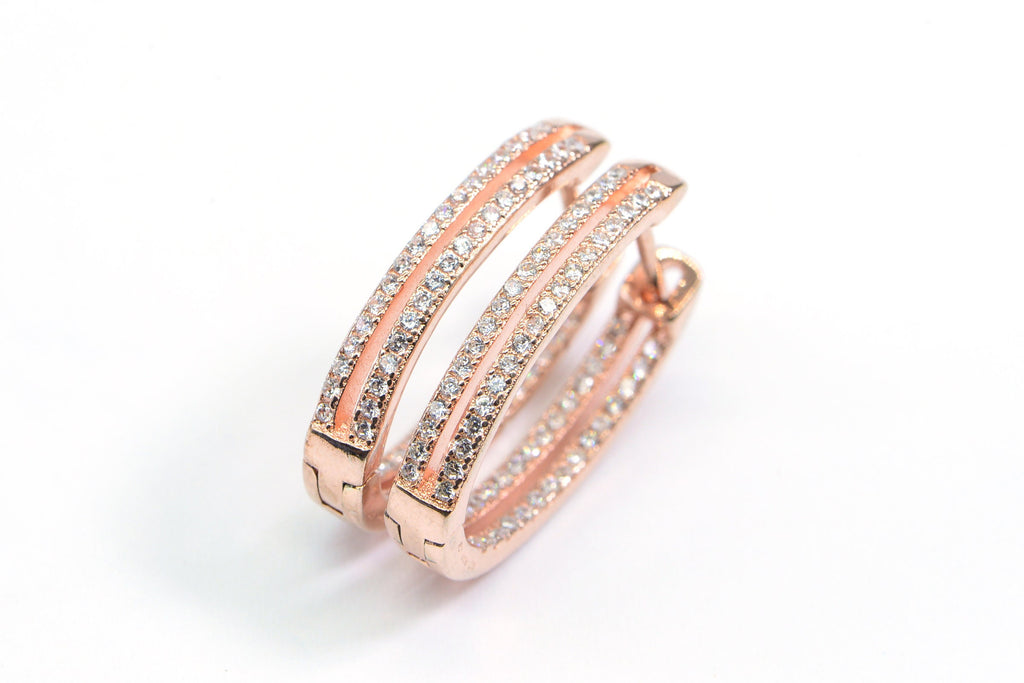 Rose Gold Zircon Hoop Earrings: Sterling Silver Hinged Hoops