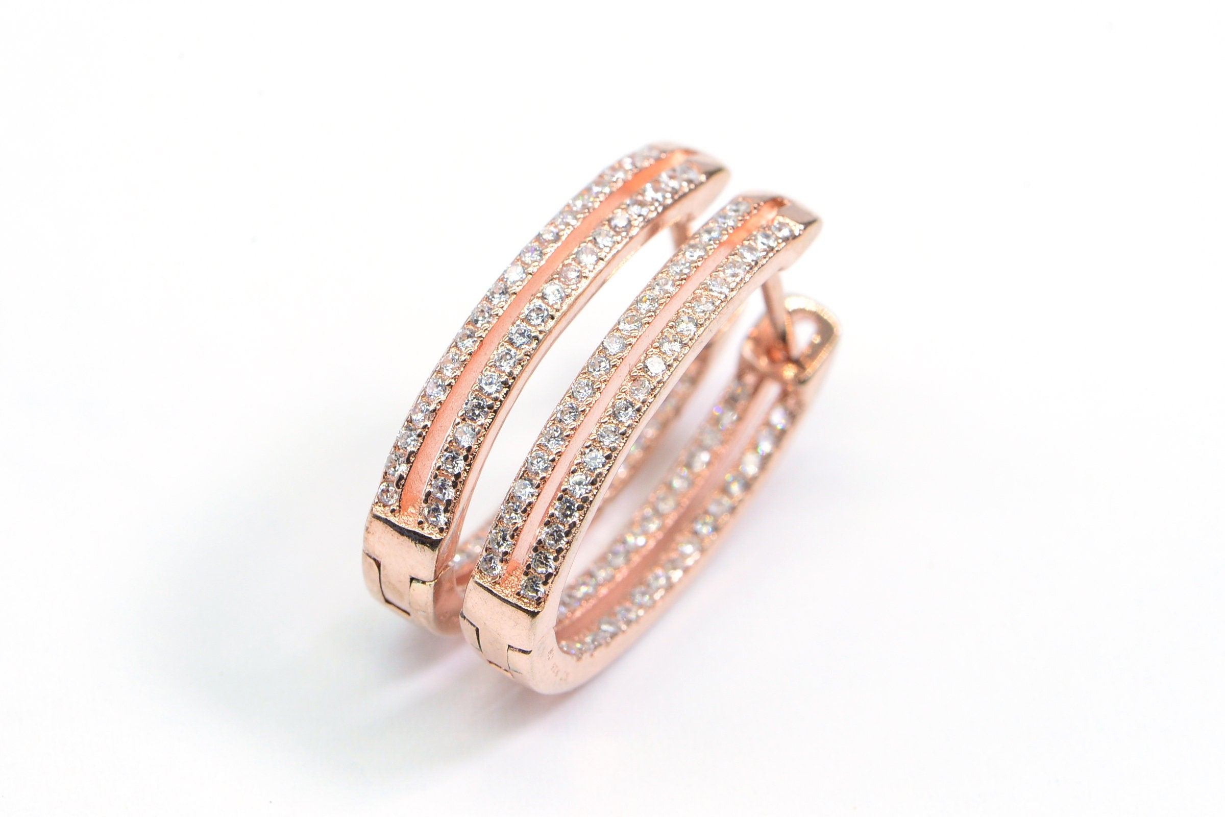 Rose Gold Zircon Hoop Earrings: Sterling Silver Hinged Hoops